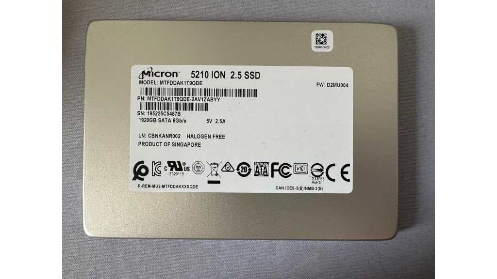 Micron 5210 ION 1.9 TB Enterprise SATA SSD Exterior Chassis and Factory Nameplate Label