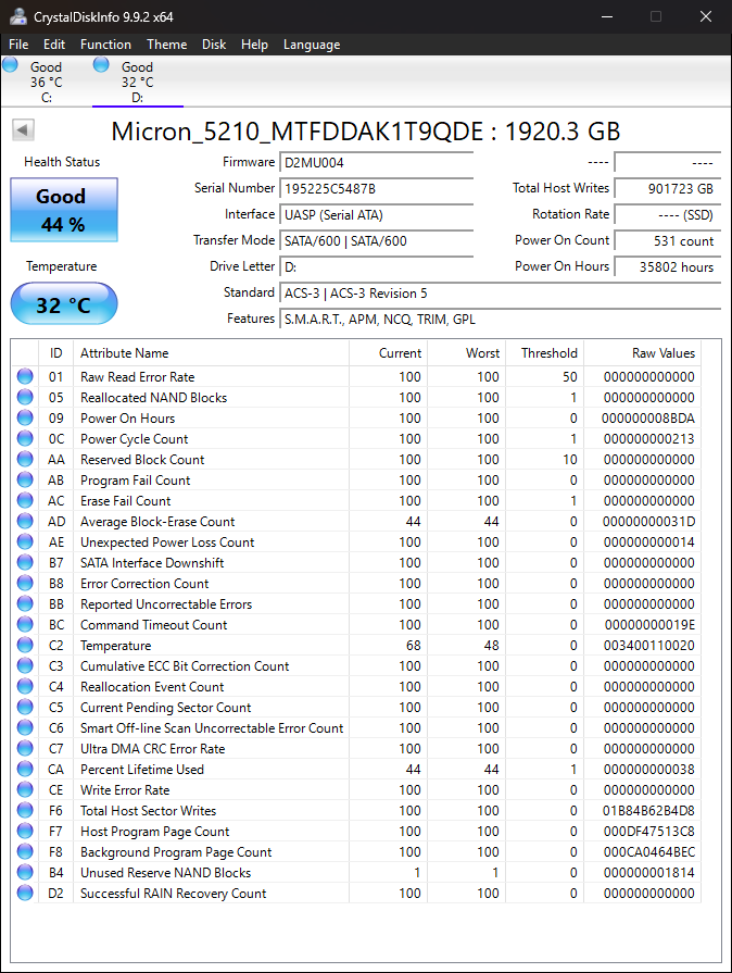 CrystalDiskInfo 9.9.2 Telemetry Health Capture for Micron 5210 ION 1.9 TB SSD
