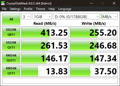 CrystalDiskMark 9.0.3 MB/s Throughput Benchmark for Micron 5210 ION 1.9 TB
